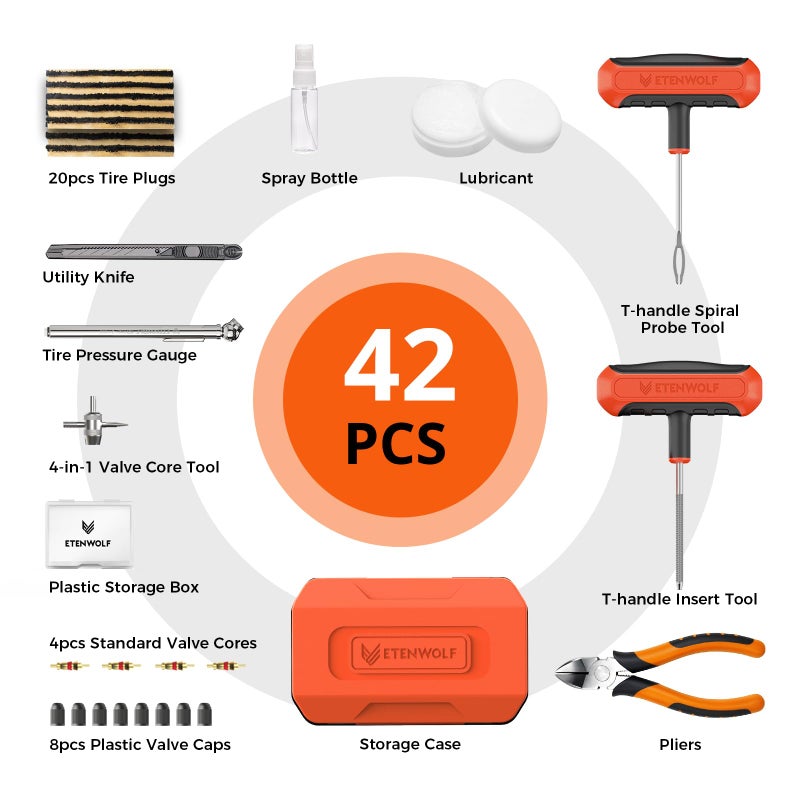 ETENWOLF Tire Repair Kit 42 Pcs, Heavy Duty Tire Plug Kit to Fix Punctures, Tire Repair Tool with Plugs for Car, Motorcycle, ATV, Jeep, Truck, Tractor, Gifts for Him Her Men Women, Vivid Orange - Image 2