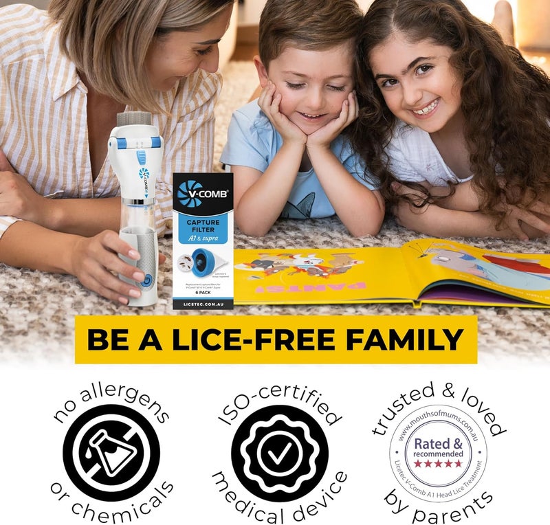 V-Comb A1 Rechargeable Chemical-Free Lice Removal Electric Comb, Pack of Refill Filters, Natural Head Lice Solution for Children & Adults, Electric Lice Vacuum Comb, for All Hair Types, Gentle Lice Care - Image 5