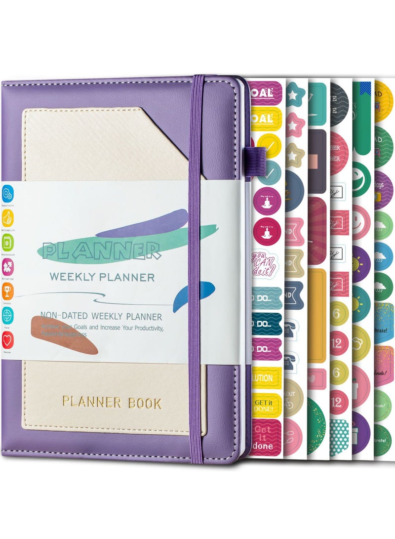 Portable A5 Notebook for writing, Premium PU Leather Daily Weekly and Monthly Goals Planner Notebook, Hard Cover Memo Diary Notepad with Colorful Stickers and Pen Slot, Lined Thick Paper Journal Notebook With monthly calendar Suitable for Women Men, Travel Business Work Office School (Purple)