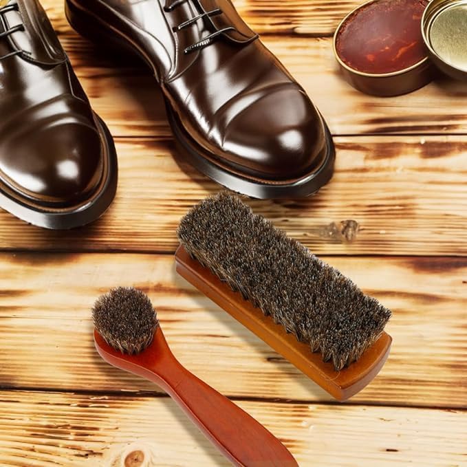 GARLUGAVA 4 Pcs Horsehair Shine Shoes Brush Kit Polish Dauber Applicators Cleaning Leather Shoes Boots Care Brushes Suede Cleaner Brush with Microfiber Shoe Cloth - Image 2