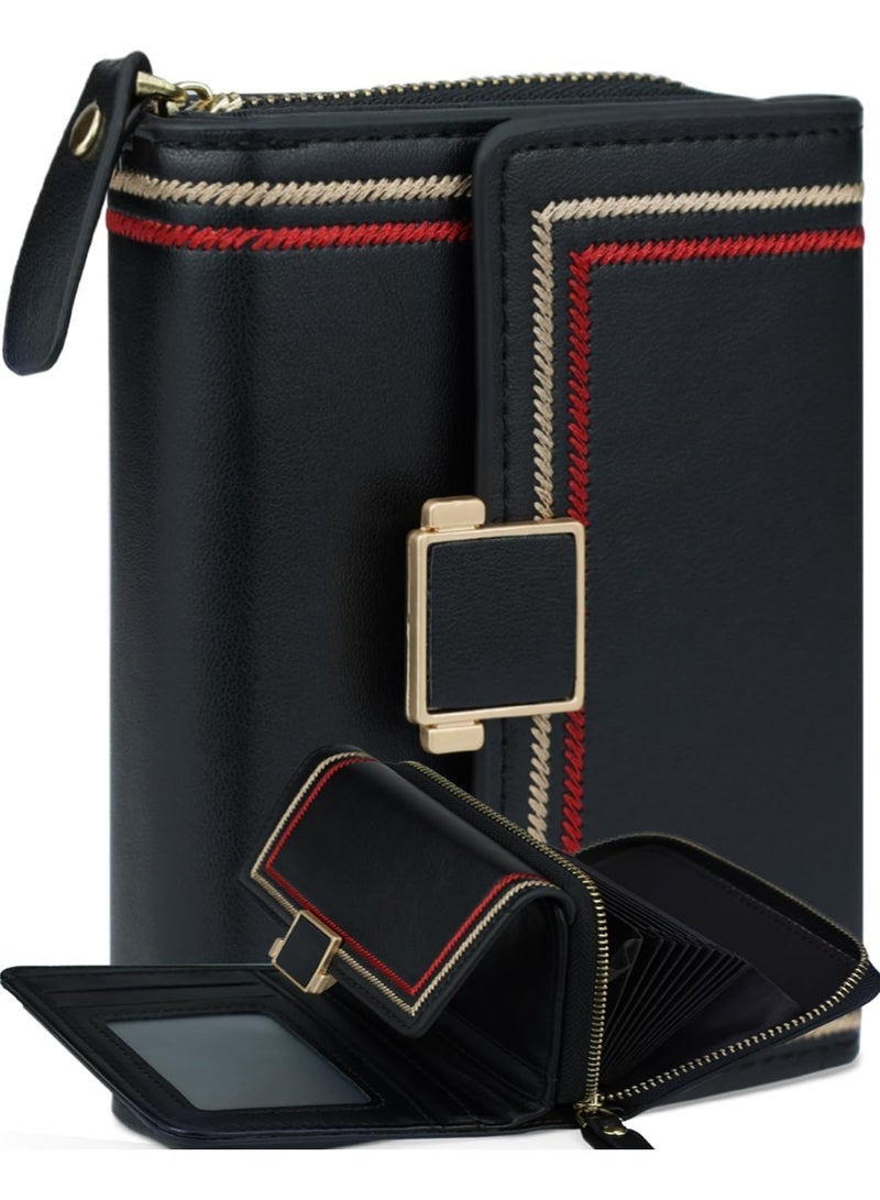 NANAO Women Wallet, Minimalist Design Women's Travel Wallets with ID Window, Credit Card Holder, Black Small Cash Wallets, Cute Leather Coin Purse, for Women Ladies and Girls (Black) - Image 1