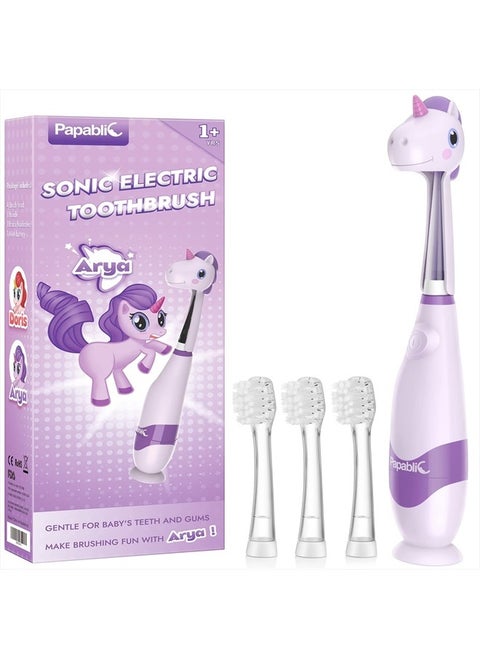 Toddler Sonic Electric Toothbrush for Ages 1-3 Years, Baby Electric Toothbrush with Cute Unicorn Cover and Smart LED Timer, 4 Brush Heads (Arya)