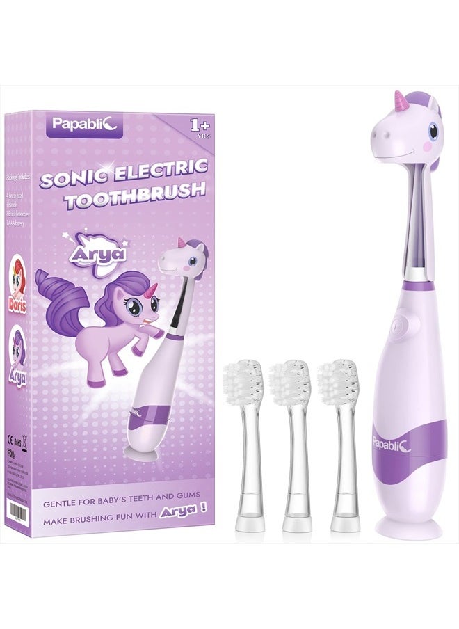 Toddler Sonic Electric Toothbrush for Ages 1-3 Years, Baby Electric Toothbrush with Cute Unicorn Cover and Smart LED Timer, 4 Brush Heads (Arya)
