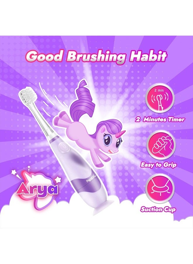 Toddler Sonic Electric Toothbrush for Ages 1-3 Years, Baby Electric Toothbrush with Cute Unicorn Cover and Smart LED Timer, 4 Brush Heads (Arya)