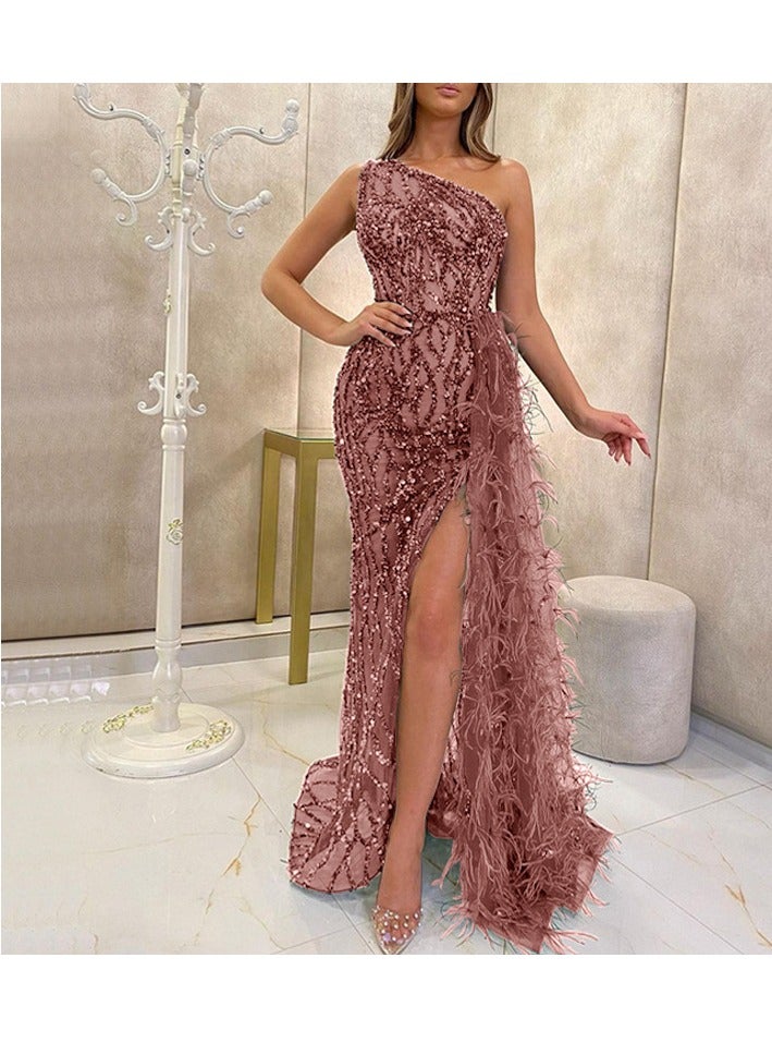 NIBEMINENT Sequined Feather Women Evening Dress One Shoulder Shiny Sequin Sleeveless Padded Maxi Dress Party Gown - Image 1