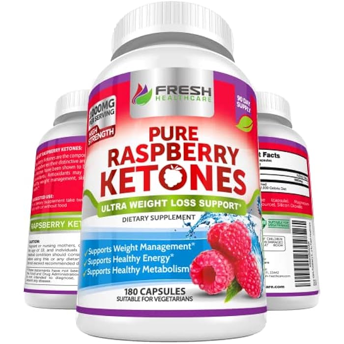 FRESH HEALTHCARE Pure 100% Raspberry Ketones Max 1000mg Per Serving - 3 Month Supply Non GMO - Advanced Weight Loss Support - 180 Capsules - Image 1