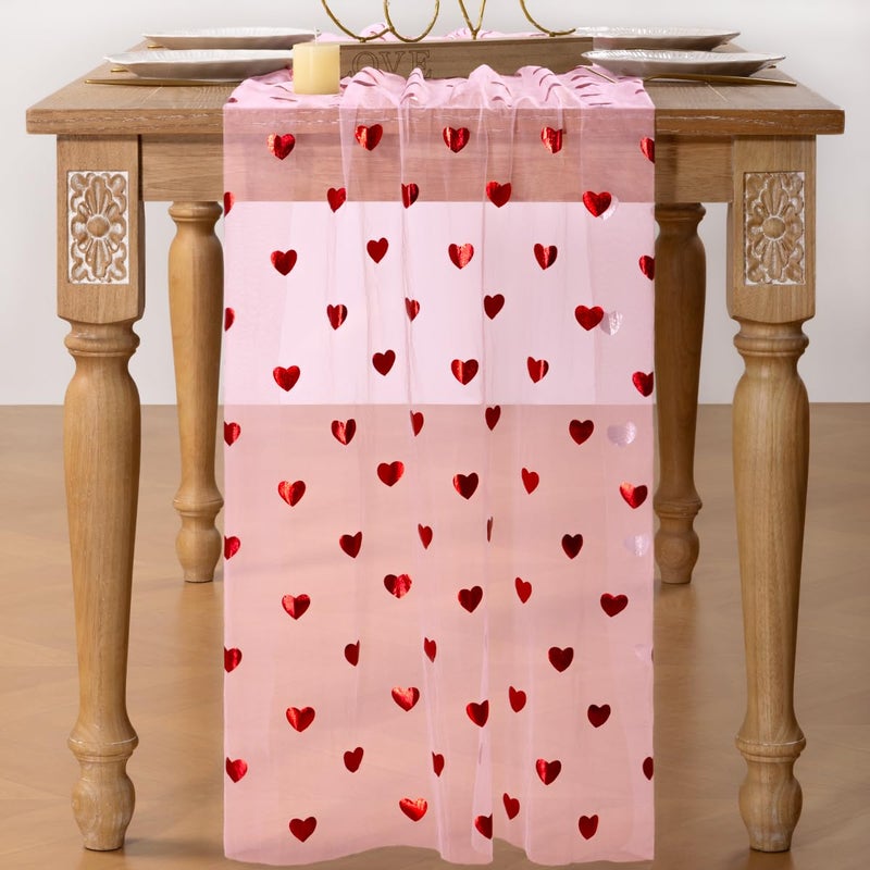 DeZerlor Valentine's Day Pink Table Runner Heart Sequin Cheesecloth Gauze Sheer Table Runner Glitter Metallic Foil for Wedding Bridal Shower Party Decorations - Image 4