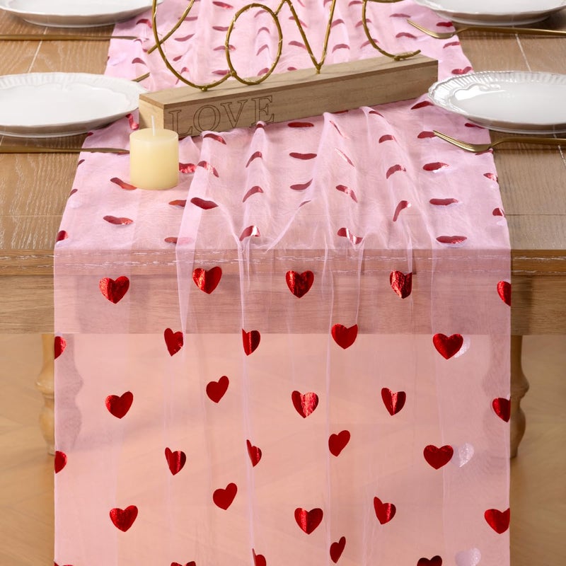 DeZerlor Valentine's Day Pink Table Runner Heart Sequin Cheesecloth Gauze Sheer Table Runner Glitter Metallic Foil for Wedding Bridal Shower Party Decorations - Image 2