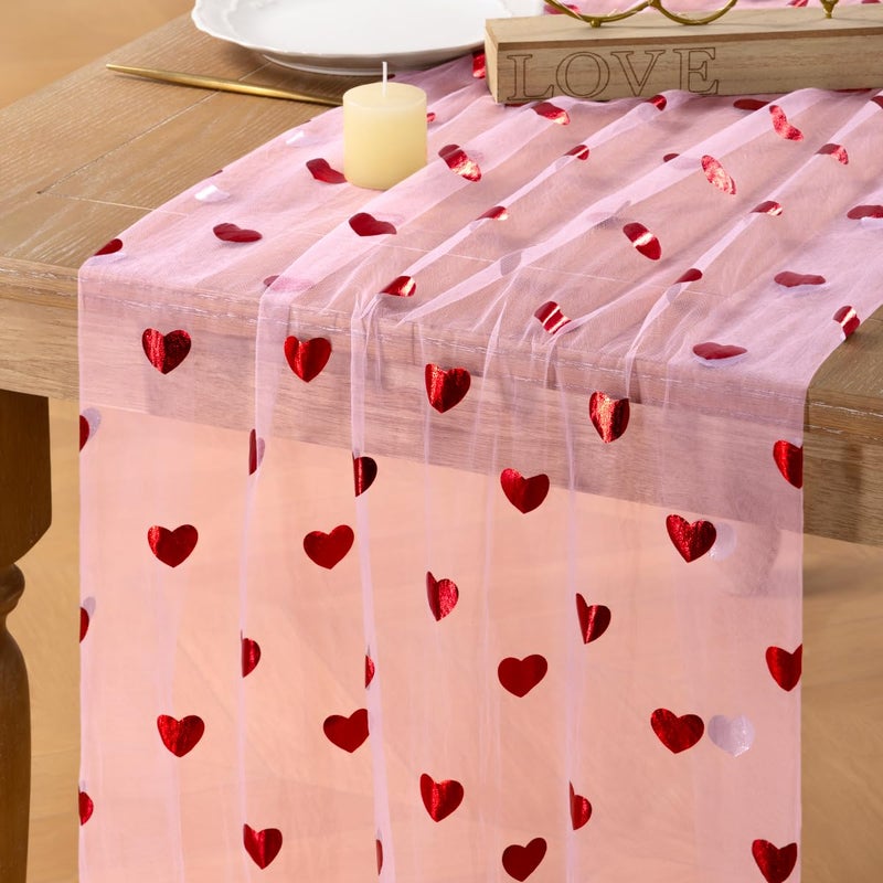 DeZerlor Valentine's Day Pink Table Runner Heart Sequin Cheesecloth Gauze Sheer Table Runner Glitter Metallic Foil for Wedding Bridal Shower Party Decorations - Image 1