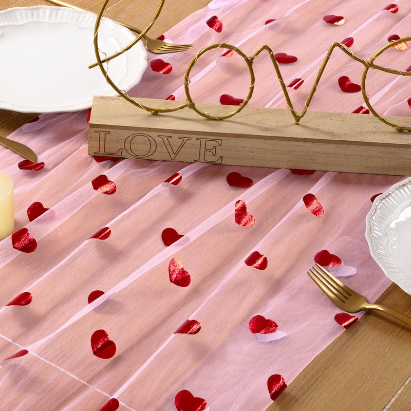 DeZerlor Valentine's Day Pink Table Runner Heart Sequin Cheesecloth Gauze Sheer Table Runner Glitter Metallic Foil for Wedding Bridal Shower Party Decorations - Image 5