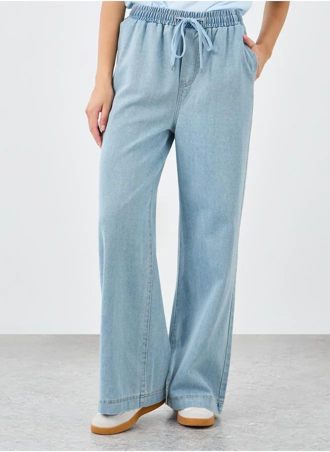 ستايلي Styli Elasticated Waistband Wide Leg Jeans with Drawstring