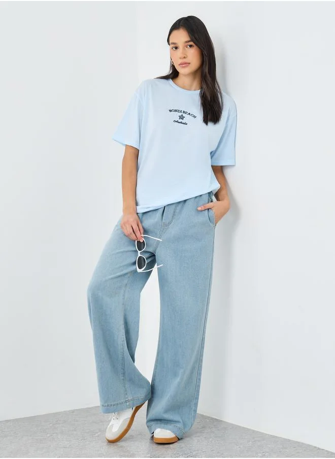 ستايلي Styli Elasticated Waistband Wide Leg Jeans with Drawstring