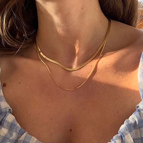 Tewiky 14k Gold Plated Herringbone Layered Necklace Set - Dainty Chain Choker for Women and Women - Image 2