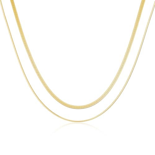 Tewiky 14k Gold Plated Herringbone Layered Necklace Set - Dainty Chain Choker for Women and Women - Image 1