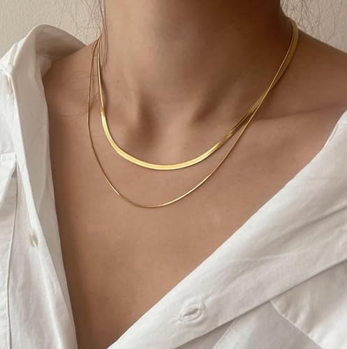 Tewiky 14k Gold Plated Herringbone Layered Necklace Set - Dainty Chain Choker for Women and Women - Image 4