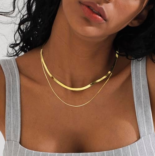 Tewiky 14k Gold Plated Herringbone Layered Necklace Set - Dainty Chain Choker for Women and Women - Image 3