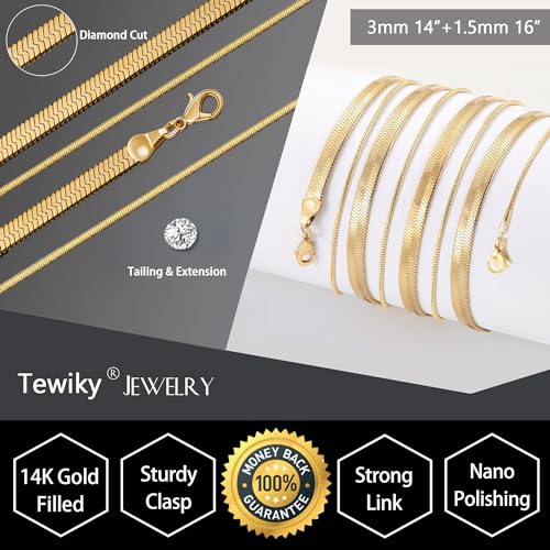 Tewiky 14k Gold Plated Herringbone Layered Necklace Set - Dainty Chain Choker for Women and Women - Image 5