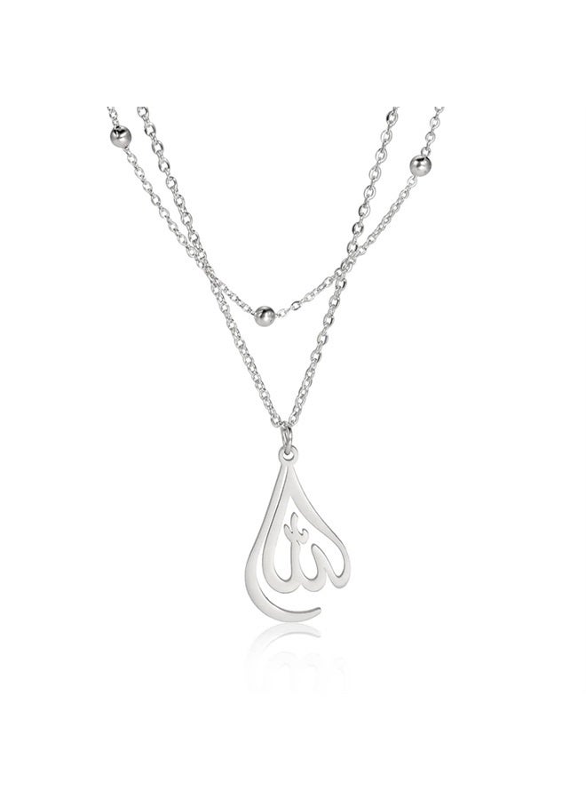 EUEAVAN Allah Pendant Necklace Islamic Symbols Arabic Script Choker Middle East Crescent Allah Muslim Gifts Religious jewellery Women Men Layered (Layered silver) - Image 1