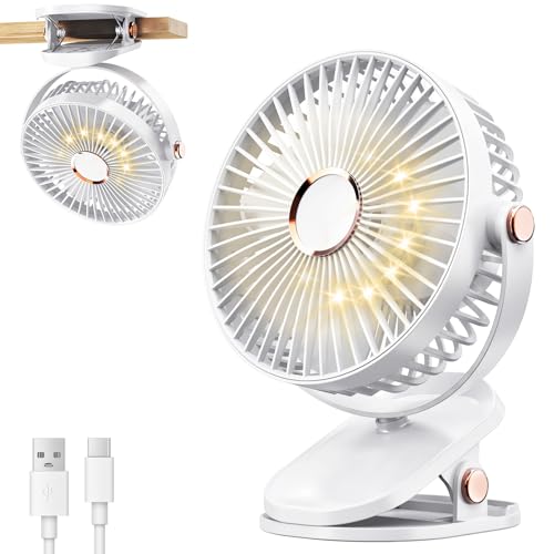 iNeibo 4000mAh Portable Clip on Fan with LED Lights Battery Operated USB Desk Fan4 Speed Quiet Rechargeable Mini Table Fan 360 Rotate Personal Cooling Fan for Home Office Stroller Camping White - Image 1
