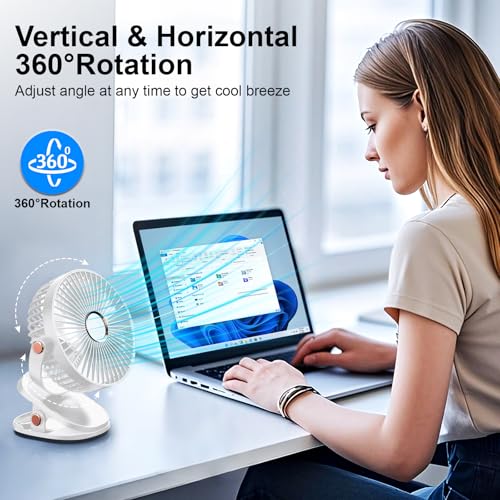 iNeibo 4000mAh Portable Clip on Fan with LED Lights Battery Operated USB Desk Fan4 Speed Quiet Rechargeable Mini Table Fan 360 Rotate Personal Cooling Fan for Home Office Stroller Camping White - Image 3