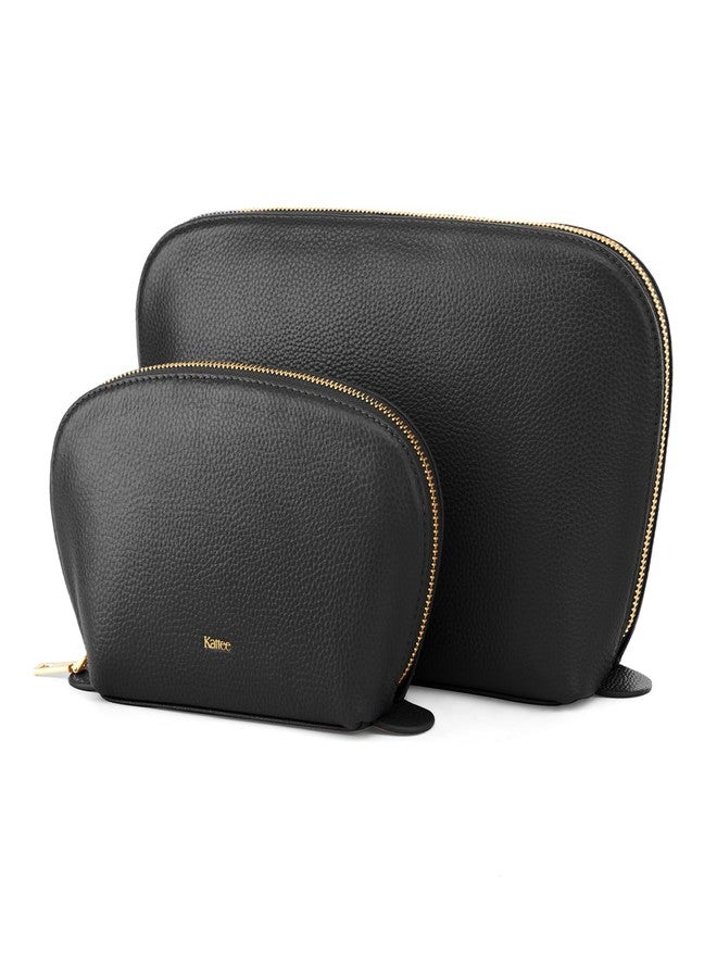 Kattee Leather Makeup Bag, Travel Cosmetic Bag Set, Toiletry Bag Organizer for Women, 2-PACK, Black - Image 1