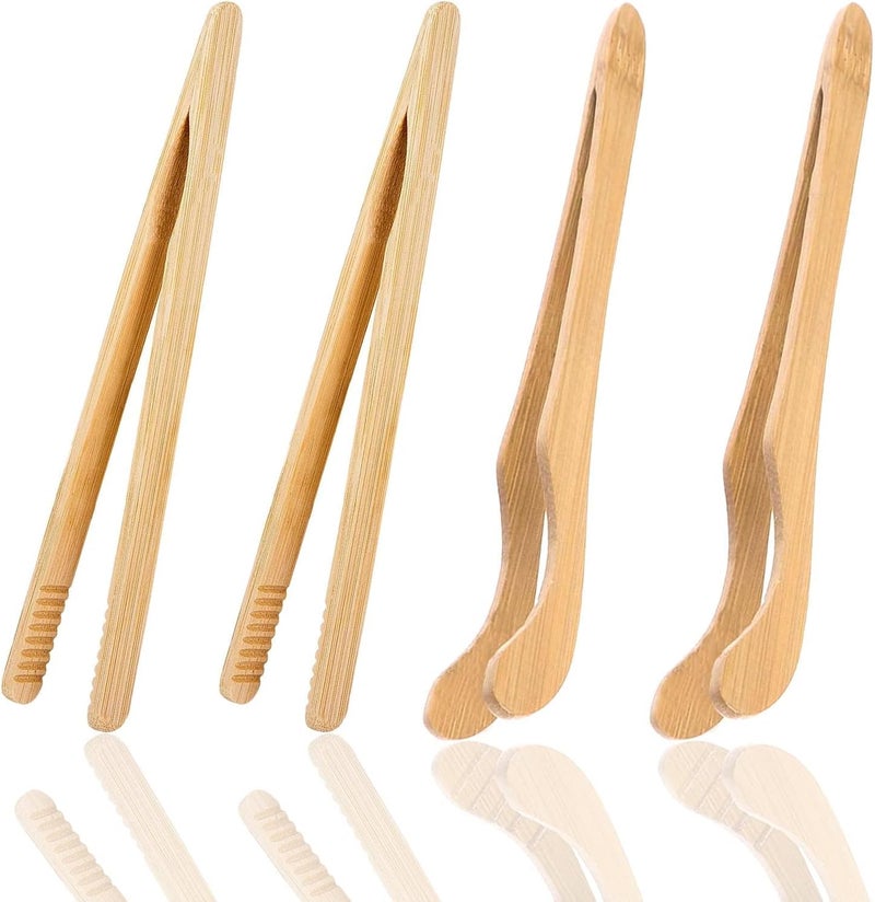 Khazna Bamboo Toaster Tongs, 18 cm/7 inch Wooden Cooking Tongs Kitchen Reusable Toast Tong Classic Wood Food Clip Tongs for Bread Grill Cheese Pickles Tea Fruit- Bamboo Kitchen Utensil Tongs, 4 Pcs - Image 1