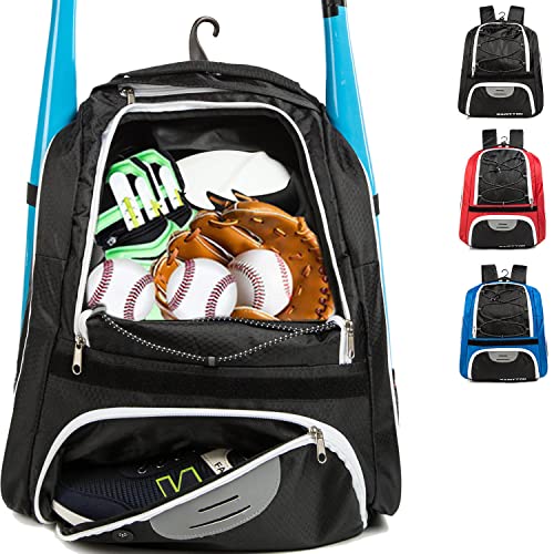 MARITTON Baseball Bag - Bat Backpack for Baseball, T-Ball & Softball Equipment & Gear for Youth and Adults with Shoe Compartment and Hold Bat, Helmet, Glove and Shoes. (BLK) - Image 1
