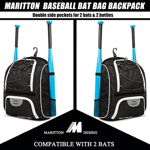 MARITTON Baseball Bag - Bat Backpack for Baseball, T-Ball & Softball Equipment & Gear for Youth and Adults with Shoe Compartment and Hold Bat, Helmet, Glove and Shoes. (BLK) - Image 5