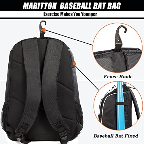 MARITTON Baseball Bag - Bat Backpack for Baseball, T-Ball & Softball Equipment & Gear for Youth and Adults with Shoe Compartment and Hold Bat, Helmet, Glove and Shoes. (BLK) - Image 4
