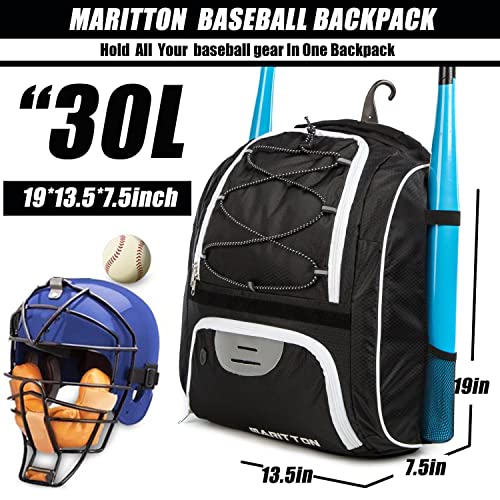MARITTON Baseball Bag - Bat Backpack for Baseball, T-Ball & Softball Equipment & Gear for Youth and Adults with Shoe Compartment and Hold Bat, Helmet, Glove and Shoes. (BLK) - Image 2