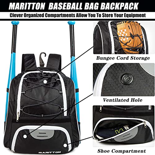 MARITTON Baseball Bag - Bat Backpack for Baseball, T-Ball & Softball Equipment & Gear for Youth and Adults with Shoe Compartment and Hold Bat, Helmet, Glove and Shoes. (BLK) - Image 3