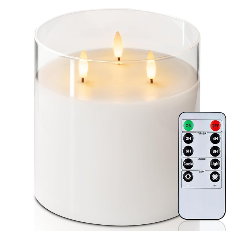 Homemory شمعة هوميموري 6X6 كبيرة جداً بدون لهب مع 3 فتائل شمعة LED زجاجية شمع حقيقي تعمل بالبطارية مع جهاز تحكم عن بعد ومؤقت أبيض نقي