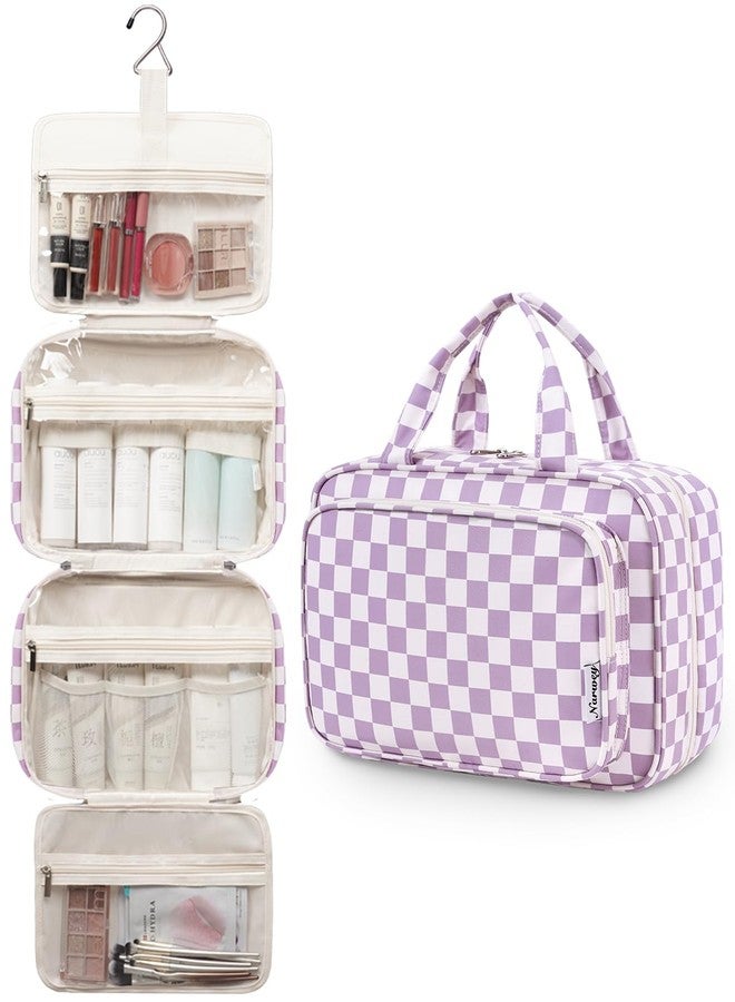 Narwey Travel Toiletry Bag for Women Large Hanging Makeup Bag Organizer Toiletries Bag for Full Size Essentials Accessories Cosmetics (Purple Checkerboard (Large)) - Image 4