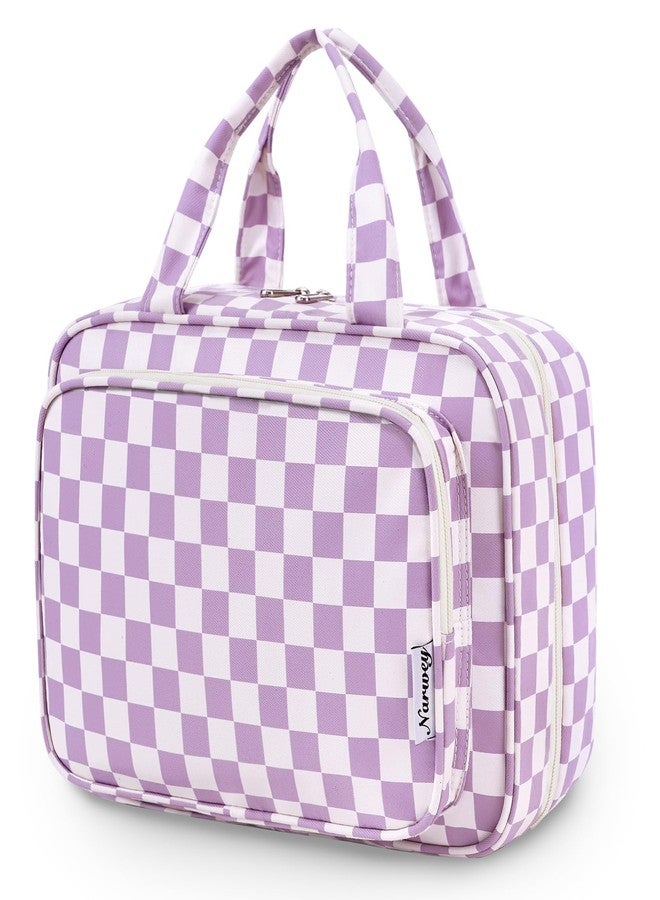 Narwey Travel Toiletry Bag for Women Large Hanging Makeup Bag Organizer Toiletries Bag for Full Size Essentials Accessories Cosmetics (Purple Checkerboard (Large)) - Image 1