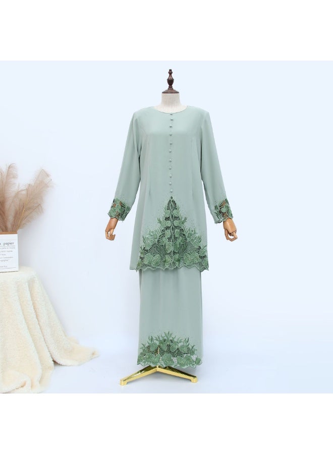 Women Mint Green Gradient Floral Lace Baju Kurung Two Piece Set, Loose Long Sleeve Top With Long Skirt Modest Outfit - Image 2
