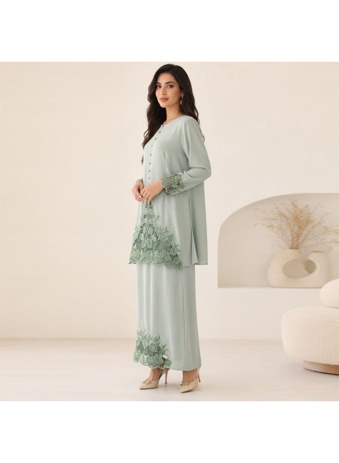 Women Mint Green Gradient Floral Lace Baju Kurung Two Piece Set, Loose Long Sleeve Top With Long Skirt Modest Outfit - Image 1