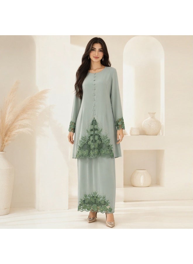 Women Mint Green Gradient Floral Lace Baju Kurung Two Piece Set, Loose Long Sleeve Top With Long Skirt Modest Outfit - Image 3