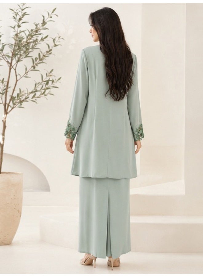 Women Mint Green Gradient Floral Lace Baju Kurung Two Piece Set, Loose Long Sleeve Top With Long Skirt Modest Outfit - Image 4