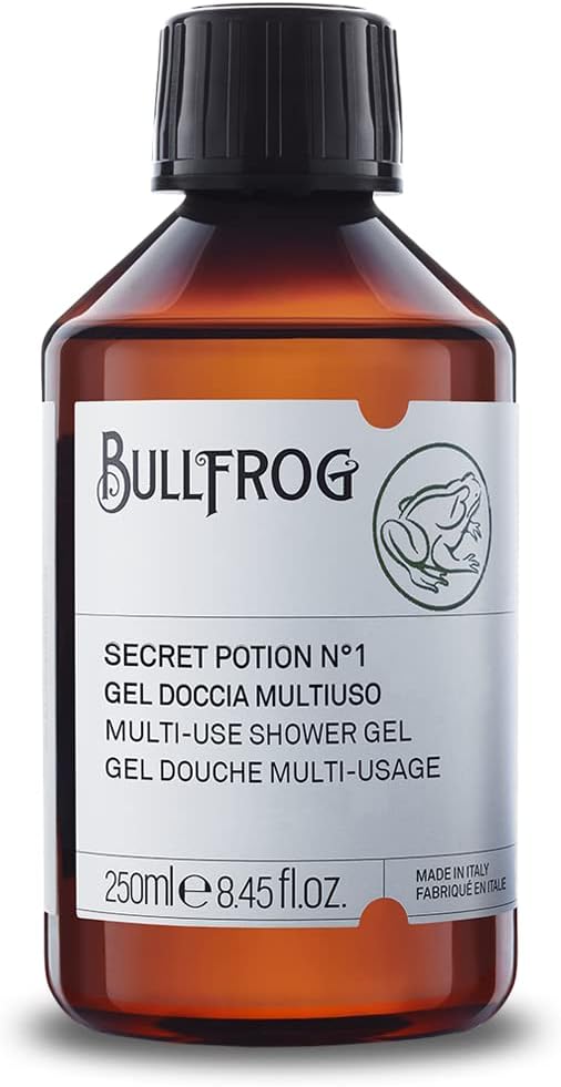 Bullfrog Secret Potion No1 MultiPurpose Shower Gel Body Face Hair Cleanser 923 Natural Woody Amber Fragrance Versatile Revitalising Made in Italy 250ml