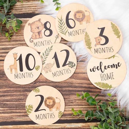 Giftacity Baby Monthly Milestone Cards Sign - 7 Double Sided Animals Marker Wooden Circles Discs Newborn Photography Prop, Pregnancy Journey Birth Announcement Sign Baby Boy and Girl Gift Sets - Image 1