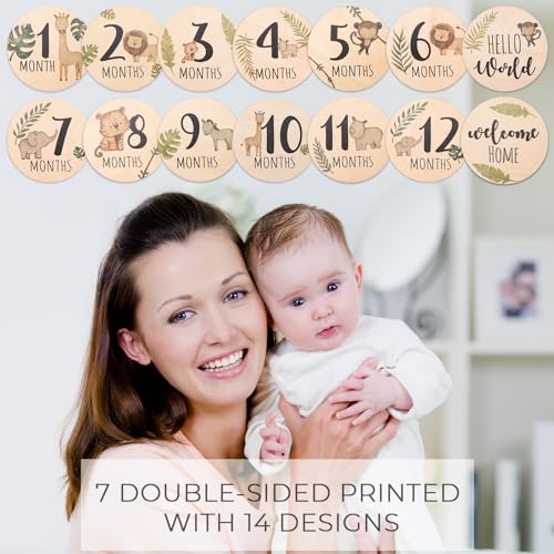 Giftacity Baby Monthly Milestone Cards Sign - 7 Double Sided Animals Marker Wooden Circles Discs Newborn Photography Prop, Pregnancy Journey Birth Announcement Sign Baby Boy and Girl Gift Sets - Image 3