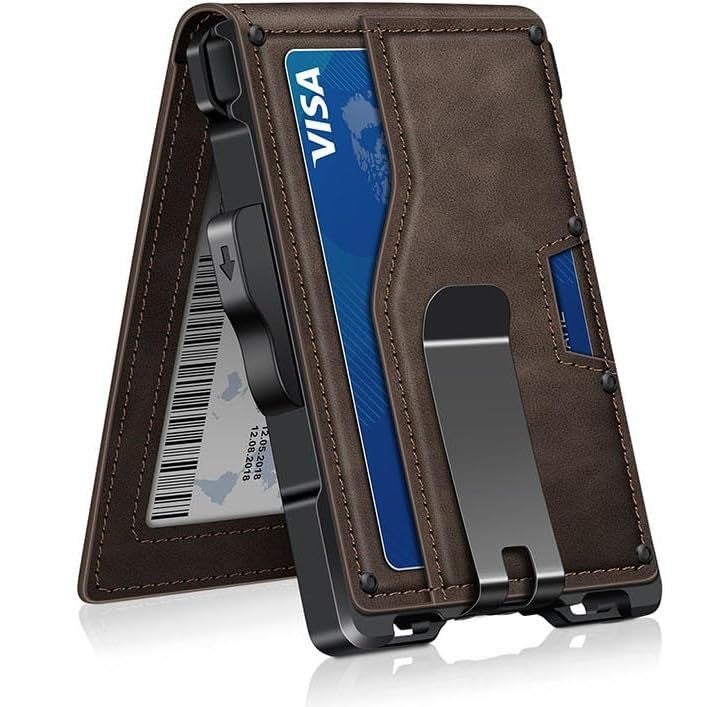 حامل بطاقات رفيع مغناطيسي مع حامل AirTag ونافذة للهوية وحماية من RFID للرجال - Image 1