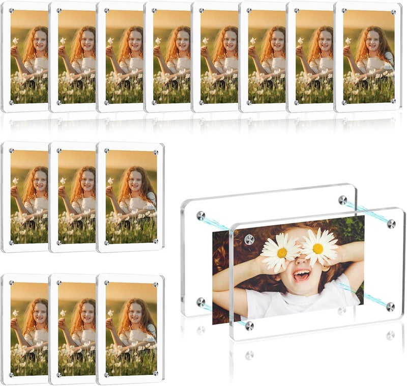 HOME ELEMENTS 4 Pcs Magnetic Acrylic Photo Frames for Refrigerator, Double-Sided Clear Instax Mini Picture Frames, Frameless Transparent Square Frame, Polaroid Magnet Frame, Instant Camera Prints (9 x 6cm) - Image 1