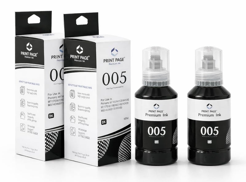 Print Page 005 120ml Premium Refill Ink Compatible for Printers M1100, M1120, M1140, M1170, M1180, M2140, M2170, M3140, M3170, M3180 (Black - 2 pcs) - Image 1