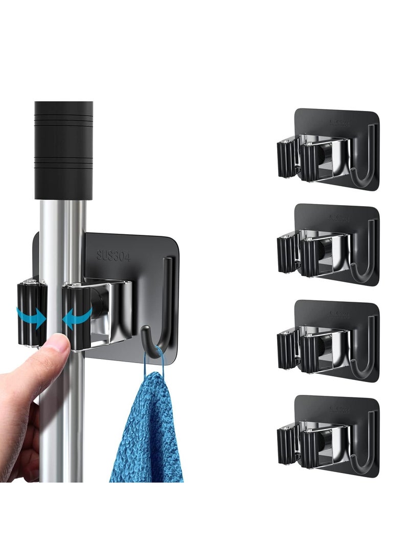 Fanski Mop Broom Holder No Drill, Mop Broom Organizer Wall Mounted Heavy Duty with Hooks Hanger, Self Adhesive Stainless Steel 4Pcs for Bathroom, Kitchen, Office,Black  - Image 1