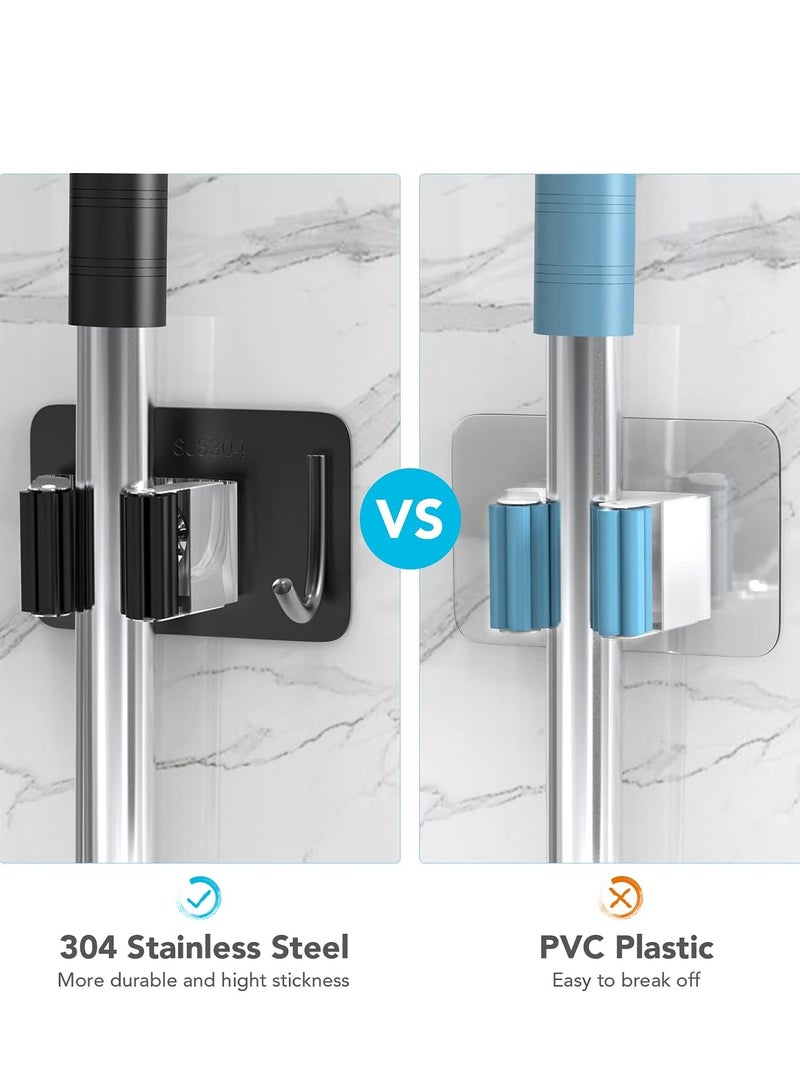 Fanski Mop Broom Holder No Drill, Mop Broom Organizer Wall Mounted Heavy Duty with Hooks Hanger, Self Adhesive Stainless Steel 4Pcs for Bathroom, Kitchen, Office,Black  - Image 2