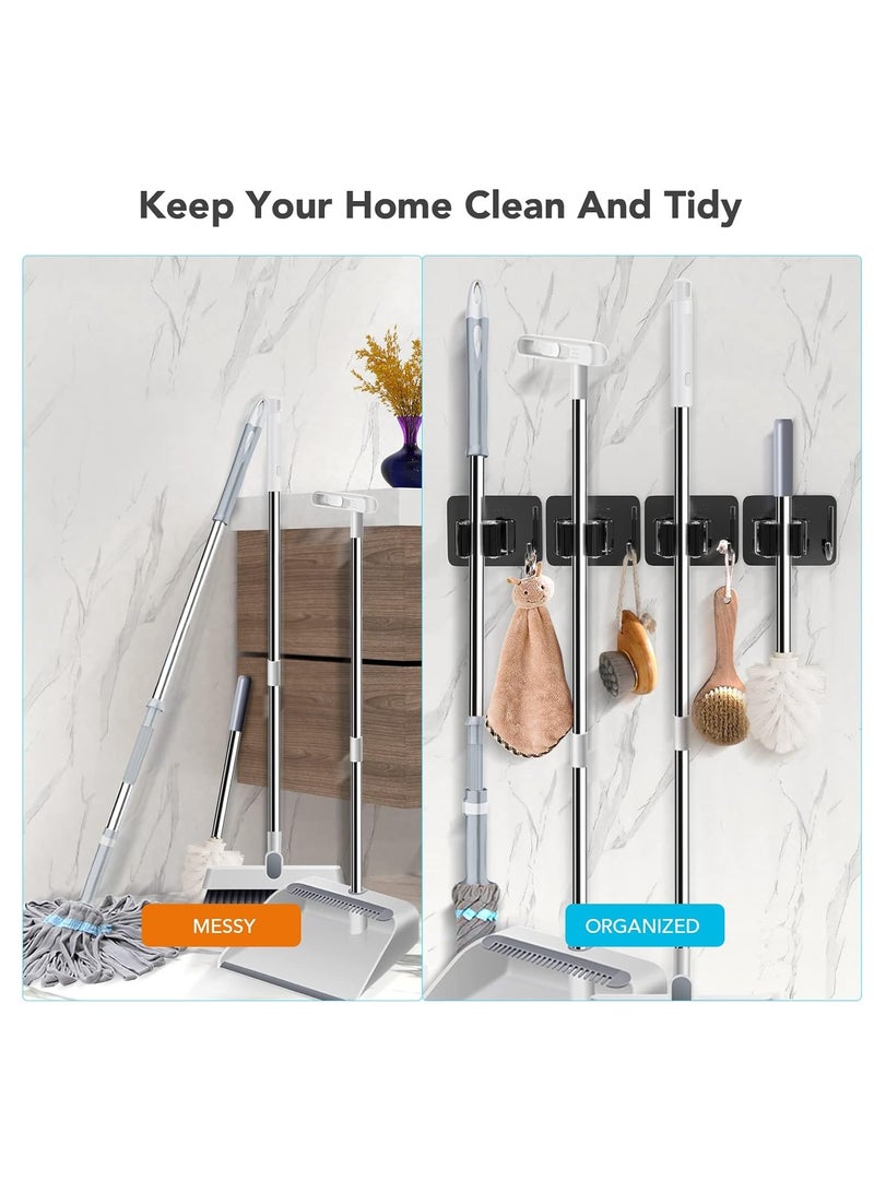 Fanski Mop Broom Holder No Drill, Mop Broom Organizer Wall Mounted Heavy Duty with Hooks Hanger, Self Adhesive Stainless Steel 4Pcs for Bathroom, Kitchen, Office,Black  - Image 3