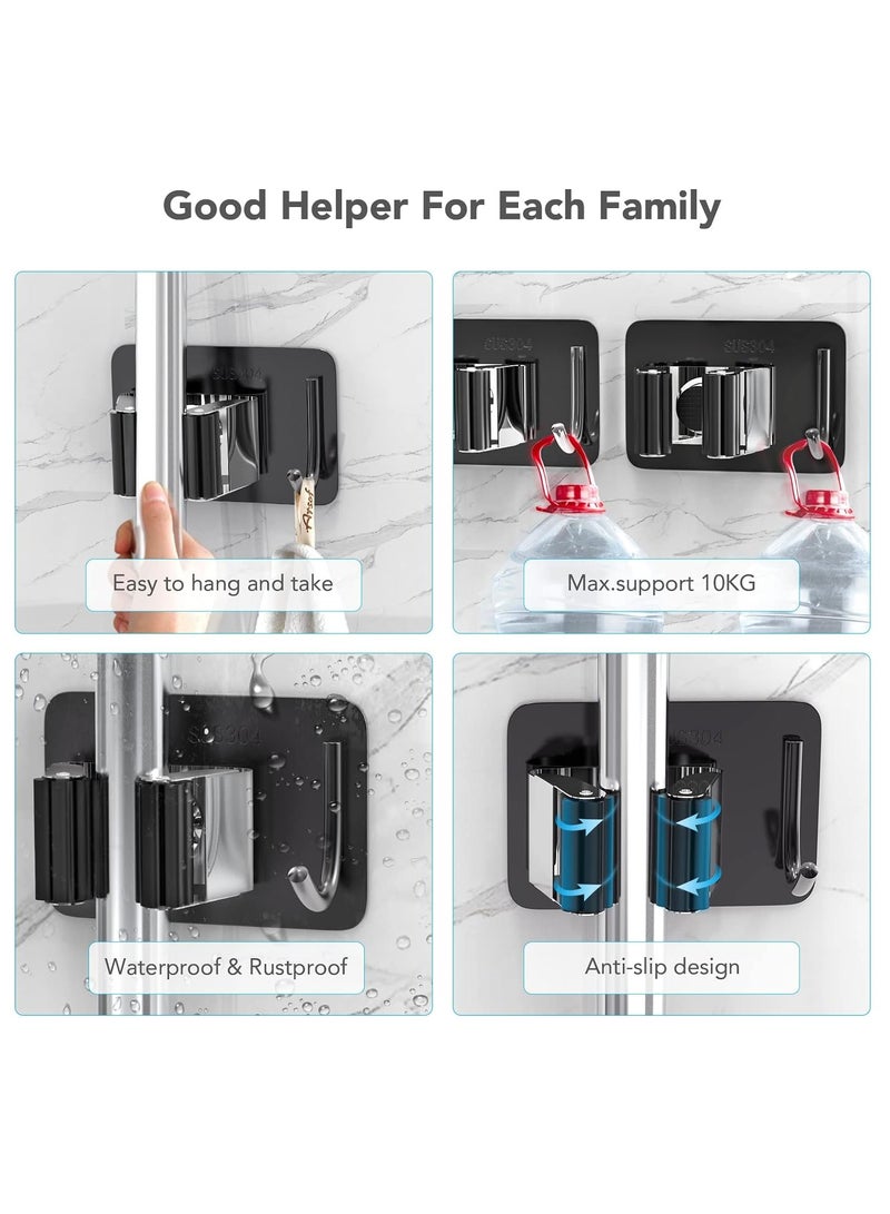 Fanski Mop Broom Holder No Drill, Mop Broom Organizer Wall Mounted Heavy Duty with Hooks Hanger, Self Adhesive Stainless Steel 4Pcs for Bathroom, Kitchen, Office,Black  - Image 4