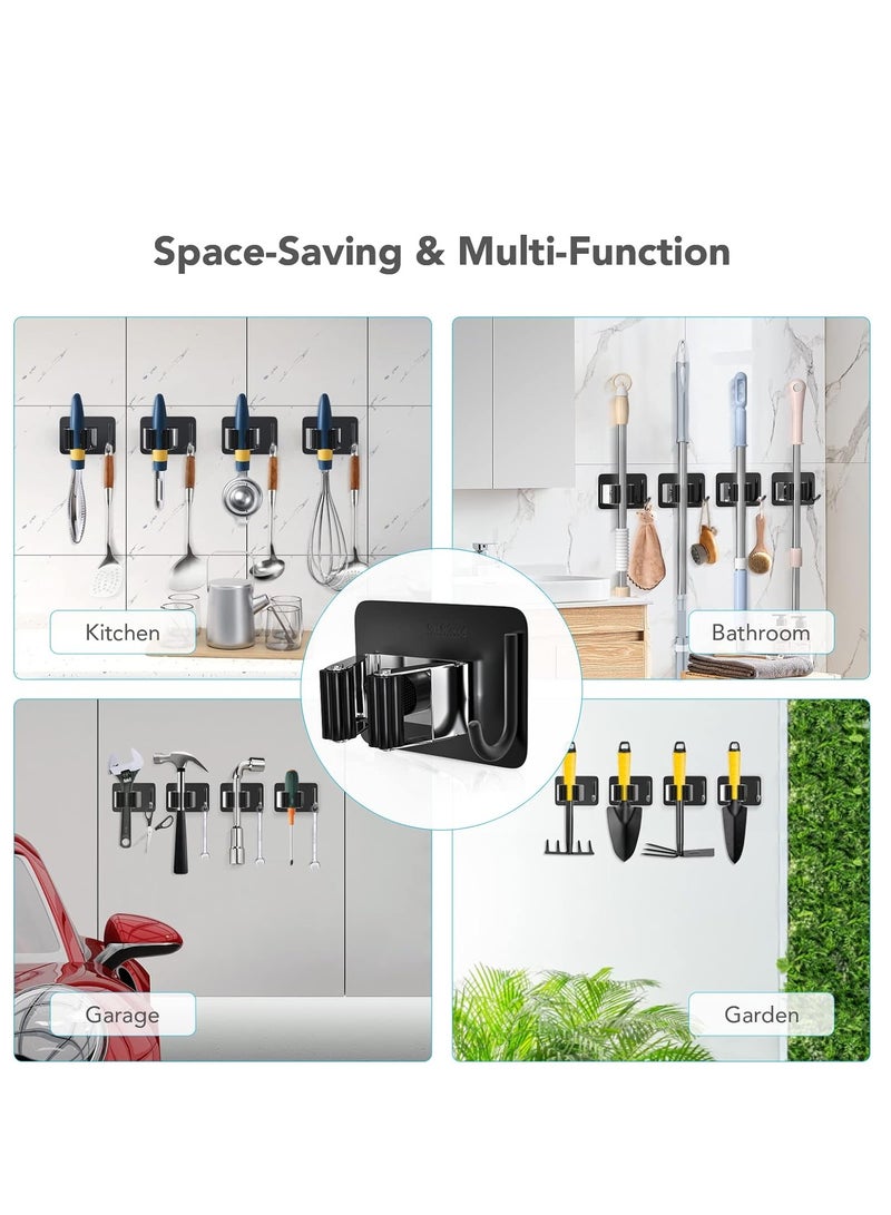 Fanski Mop Broom Holder No Drill, Mop Broom Organizer Wall Mounted Heavy Duty with Hooks Hanger, Self Adhesive Stainless Steel 4Pcs for Bathroom, Kitchen, Office,Black  - Image 5