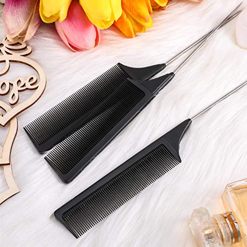 Maple Rat Tail Comb Steel Pin Rat Tail Black Carbon Teasing Lifting Styling Combs with Stainless Steel Pintail for Hair Salon or Home Supplies for Men | Women Unisex (Pack Of 4) - Image 3